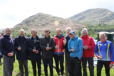 Twin Peak prize-winners: (l-r) David Spencer M45, Roy Dawson M65, Philip Thompson M80, John Embrey M55, John Hateley M50, Andrew Gregory M75, (Brian Cowe 2nd M35), Steve Ingleby M60, Ian Peirce M70