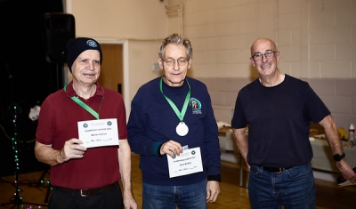 Men's Open award winners - Martin Green (1st), John Britton (3rd) with chairman David Wathey (right) 